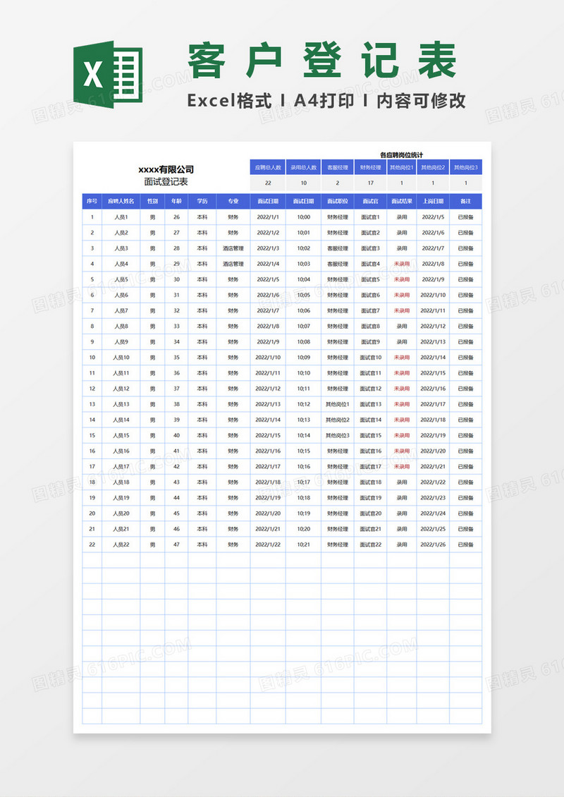 通用公司面试登记表excel模板