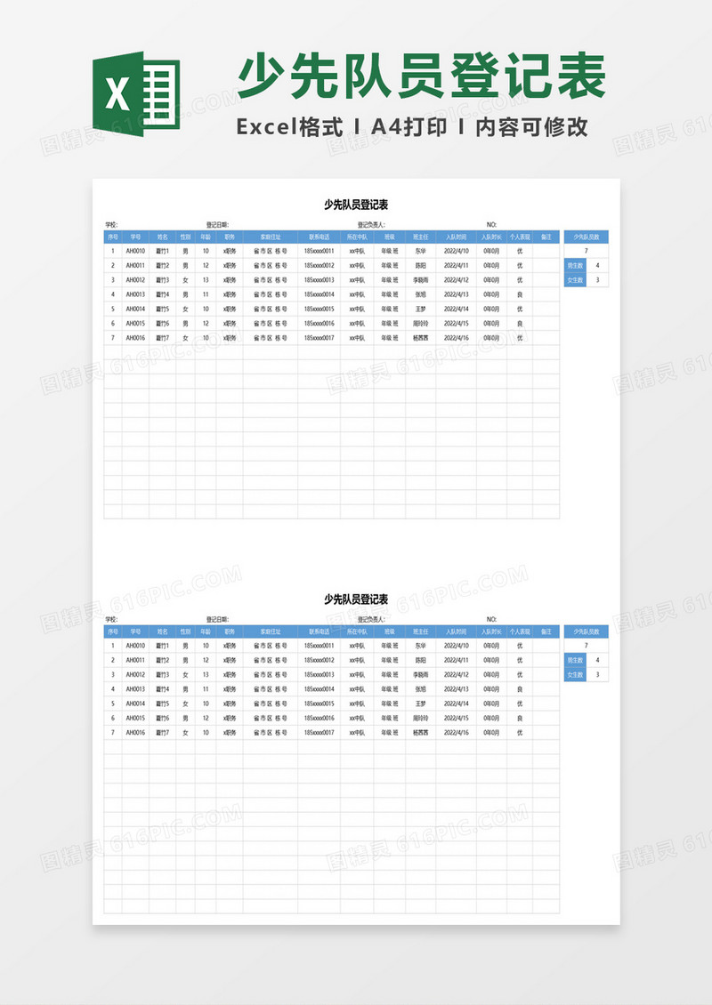 少先队员登记表excel模板