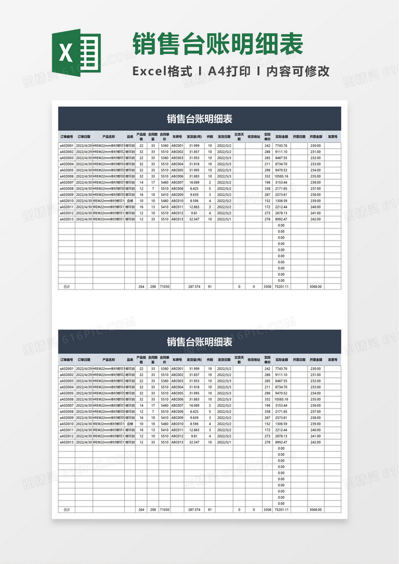 销售台账明细表excel模板