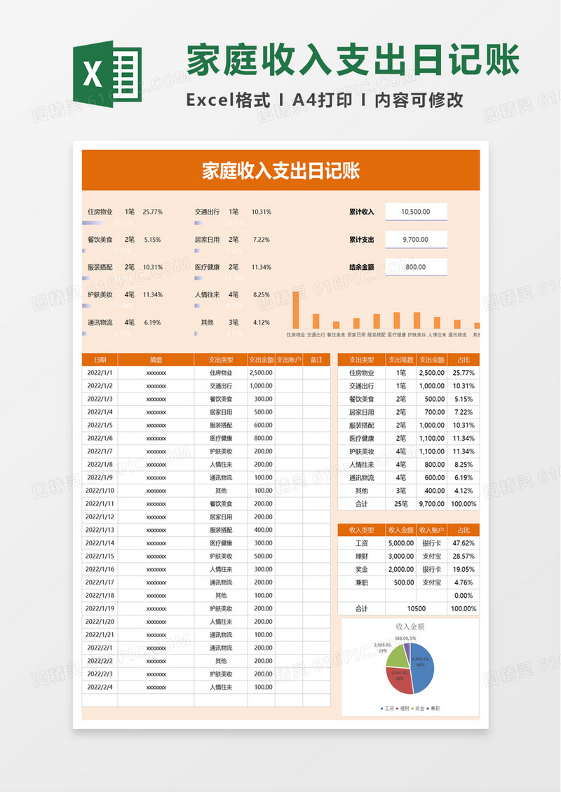 简约家庭收入支出日记账excel模板
