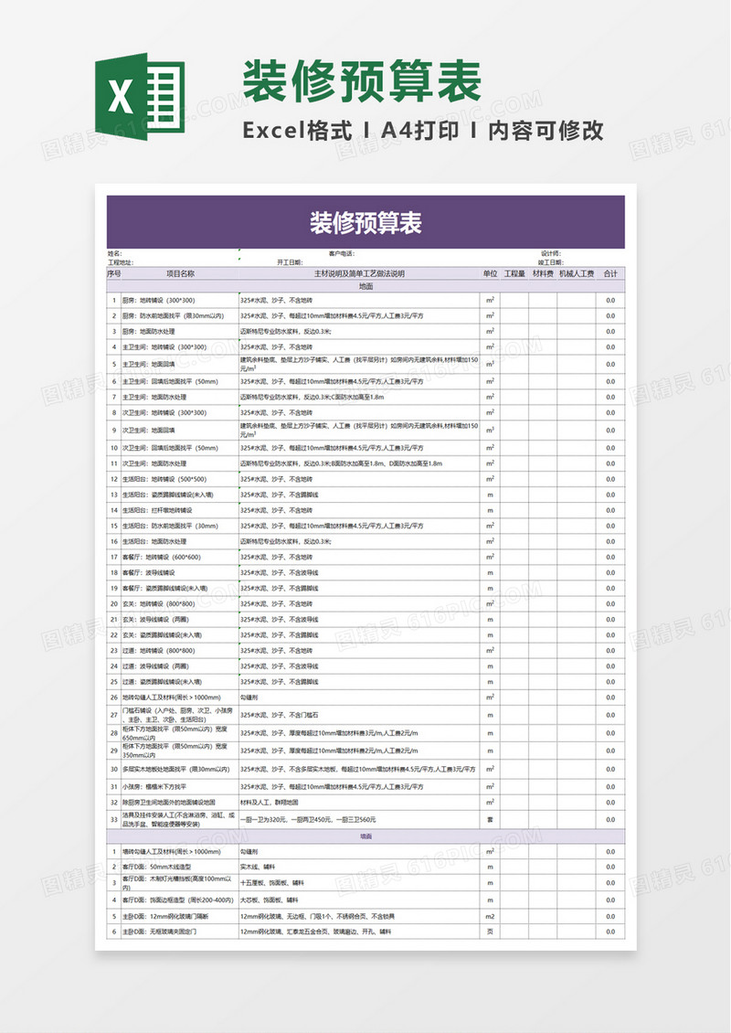 实用商务装修预算表excel模板