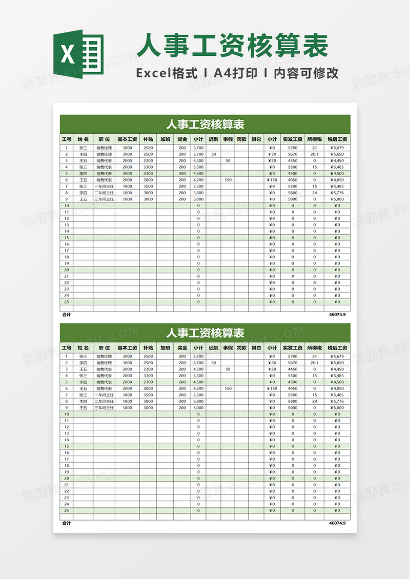 人事工资核算表excel模板