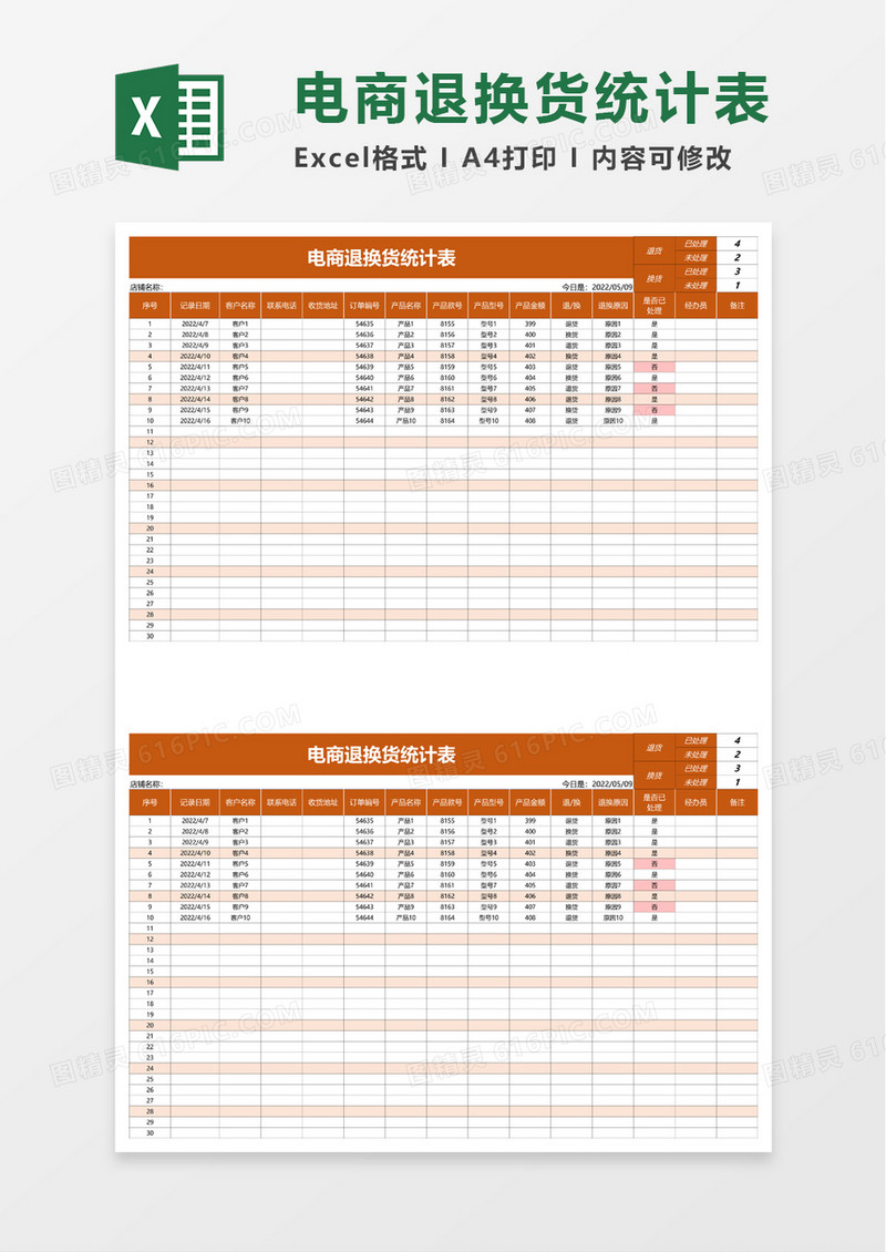 电商退换货统计表excel模板