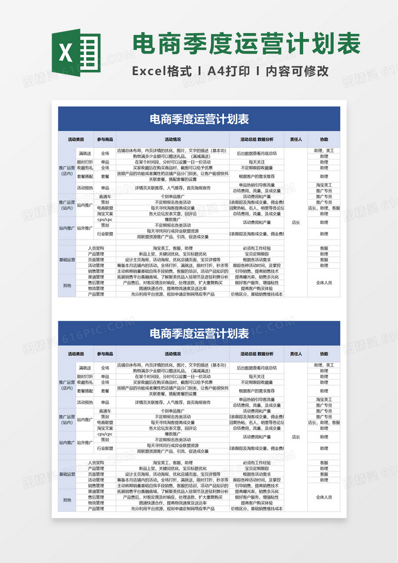 简洁电商季度运营计划表excel模板