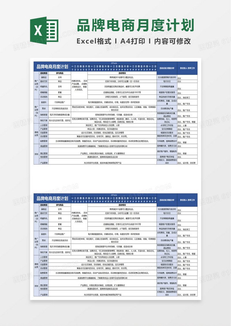品牌电商月度计划excel模板