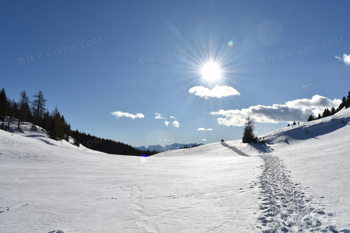 冬季雪地日出景色图片