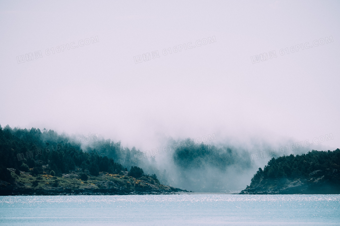 大雾森林湖泊图片