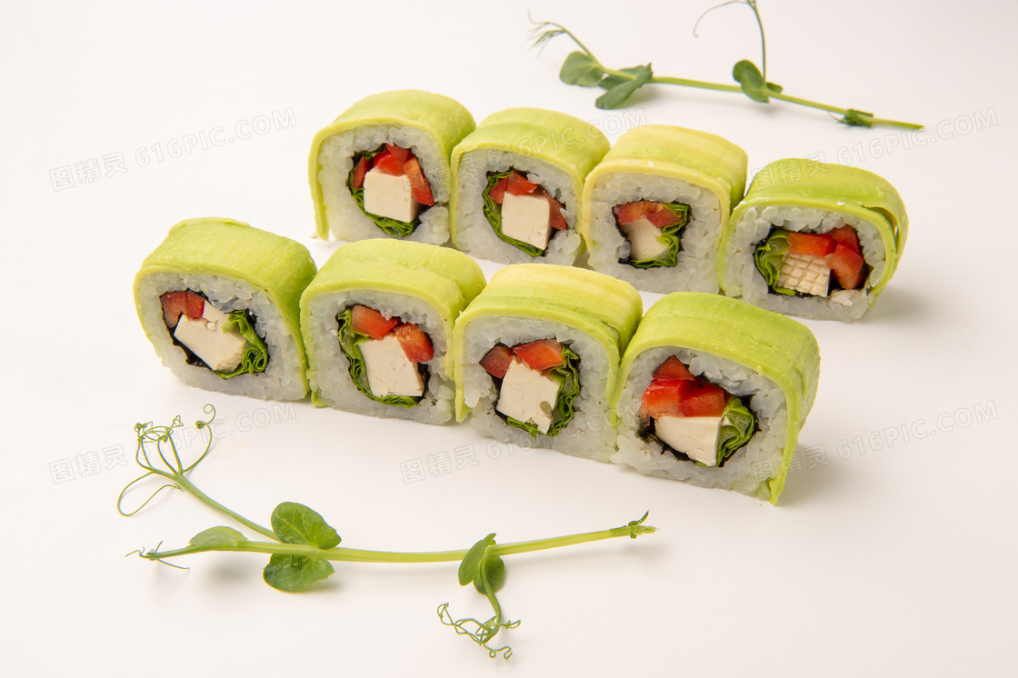 摆放成两排的美味寿司摄影高清图片