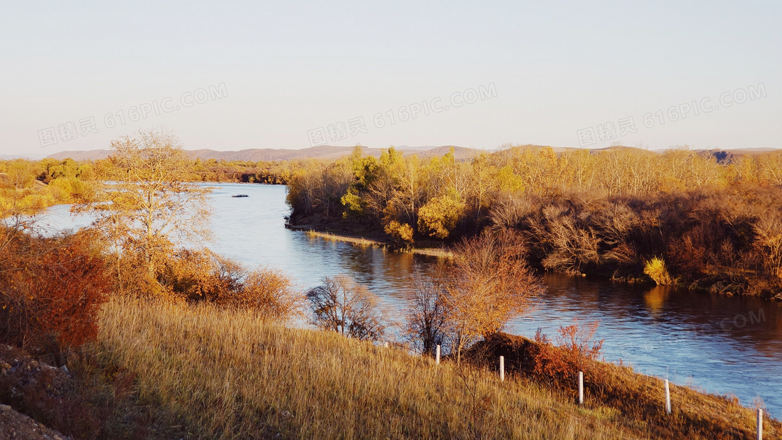 秋季田园金色美景和河流摄影图片