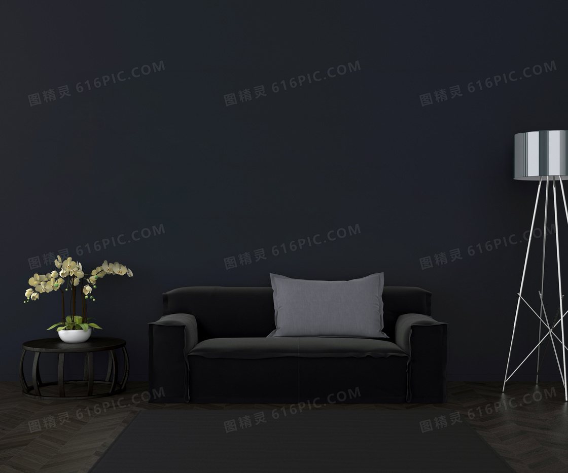 沙发鲜花与落地灯陈设渲染高清图片