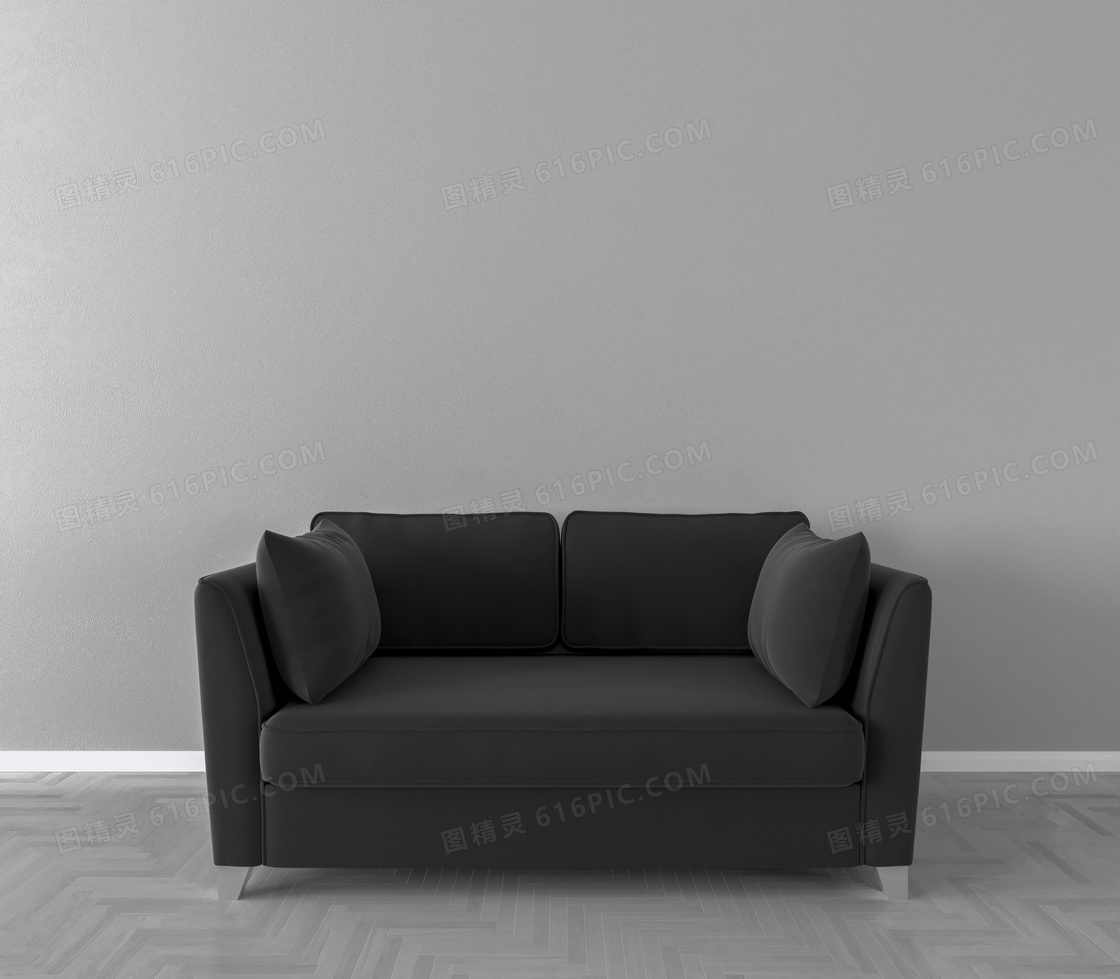灰色墙面与黑色的沙发渲染效果图片