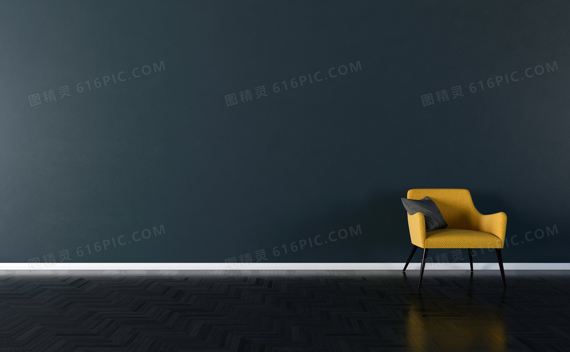 黑色墙壁与黄色沙发椅渲染效果图片