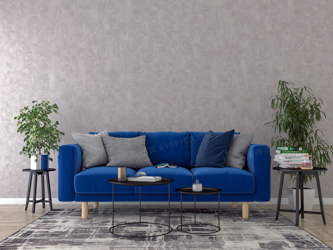 圆几绿植与蓝色的沙发渲染效果图片