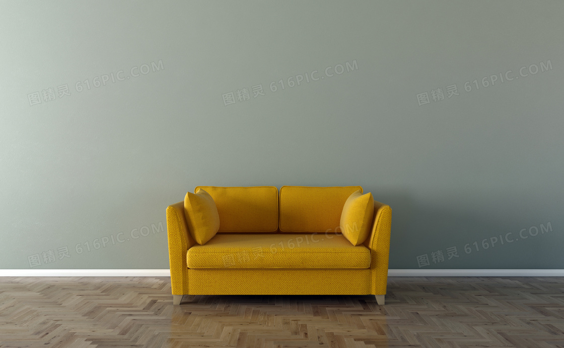 空白墙壁与黄色的沙发摄影高清图片