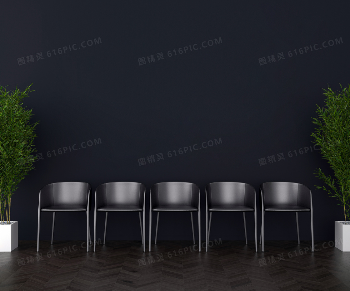 绿叶植物与一排黑椅子渲染效果图片