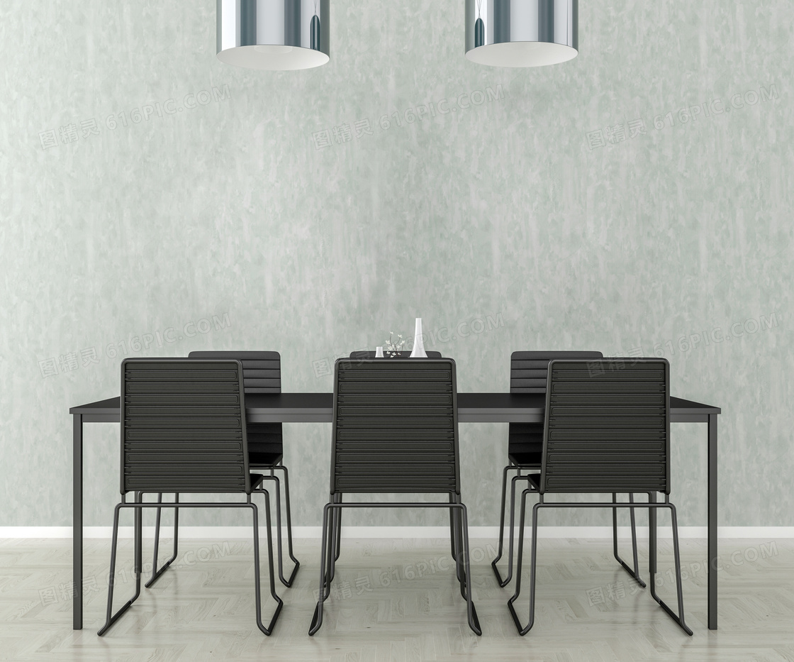 吊灯下的黑色餐桌椅子渲染效果图片