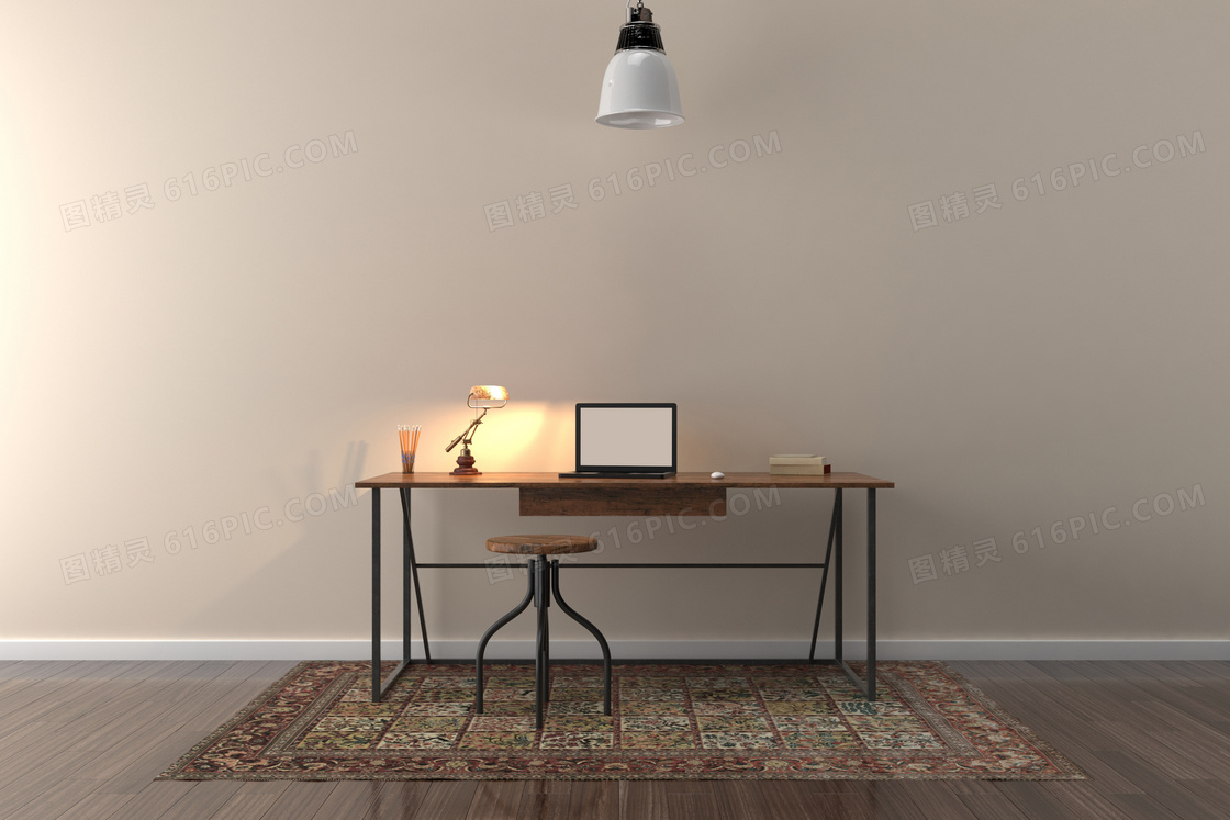 书桌上的台灯与电脑等摄影高清图片