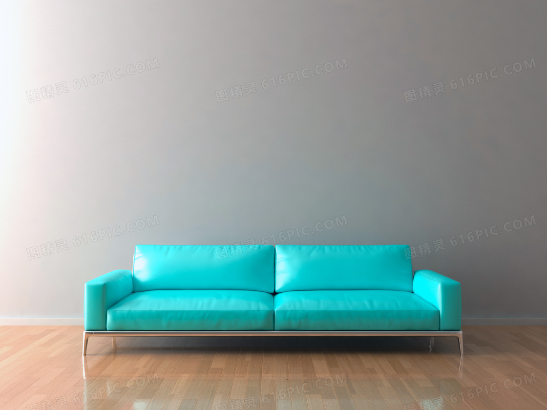 靠墙摆放的亮蓝色沙发摄影高清图片