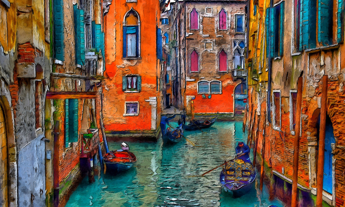 油画效果呈现的水城威尼斯高清图片