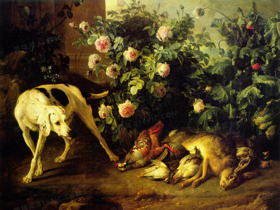 狗狗与花草丛边的动物油画高清图片