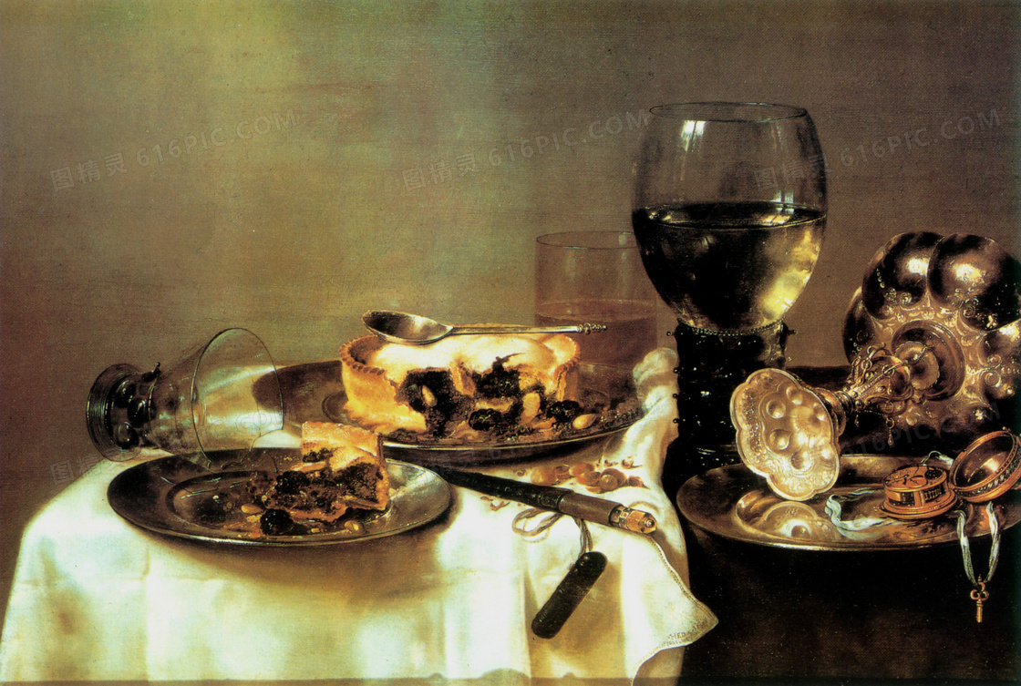 杯盘罗列的餐桌主题静物画高清图片