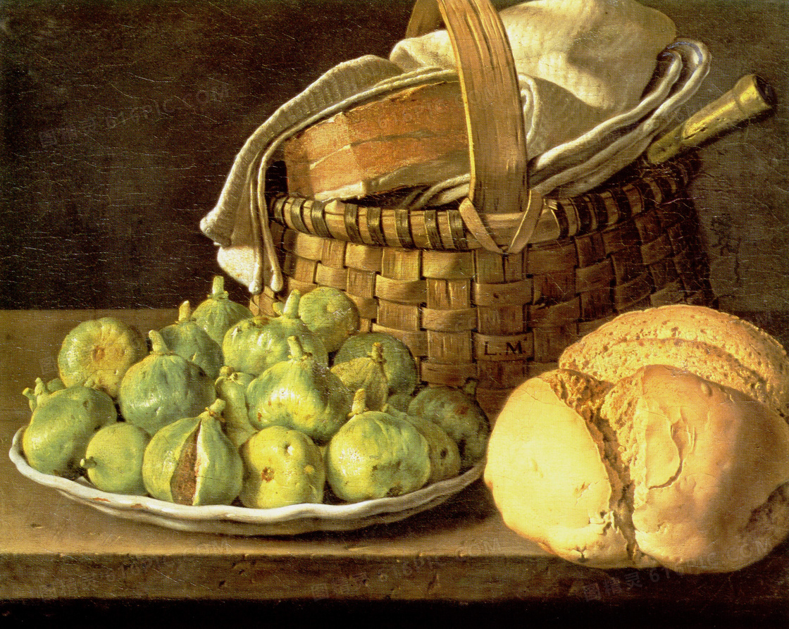 篮子与水果面包等静物绘画高清jpg图片免费下载_编号z0ohmxojz_图精灵