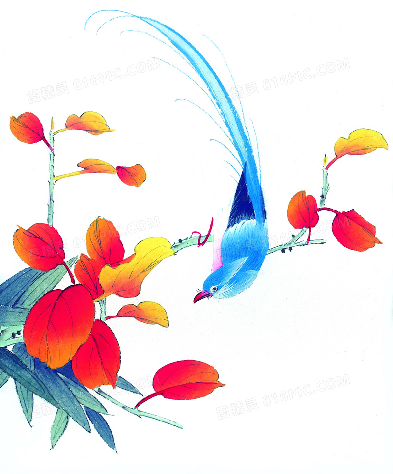 花枝上的蓝色小鸟主题绘画创意图片