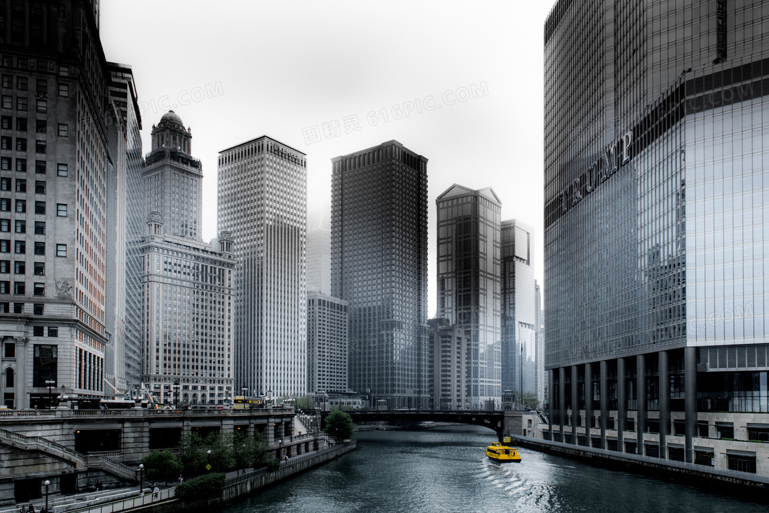 河两岸的城市建筑风光摄影高清图片