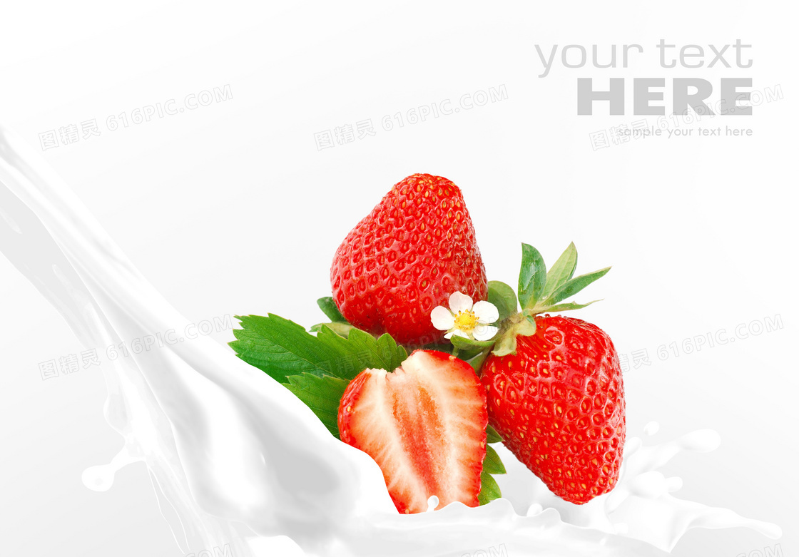 一朵小白花点缀的草莓摄影高清图片
