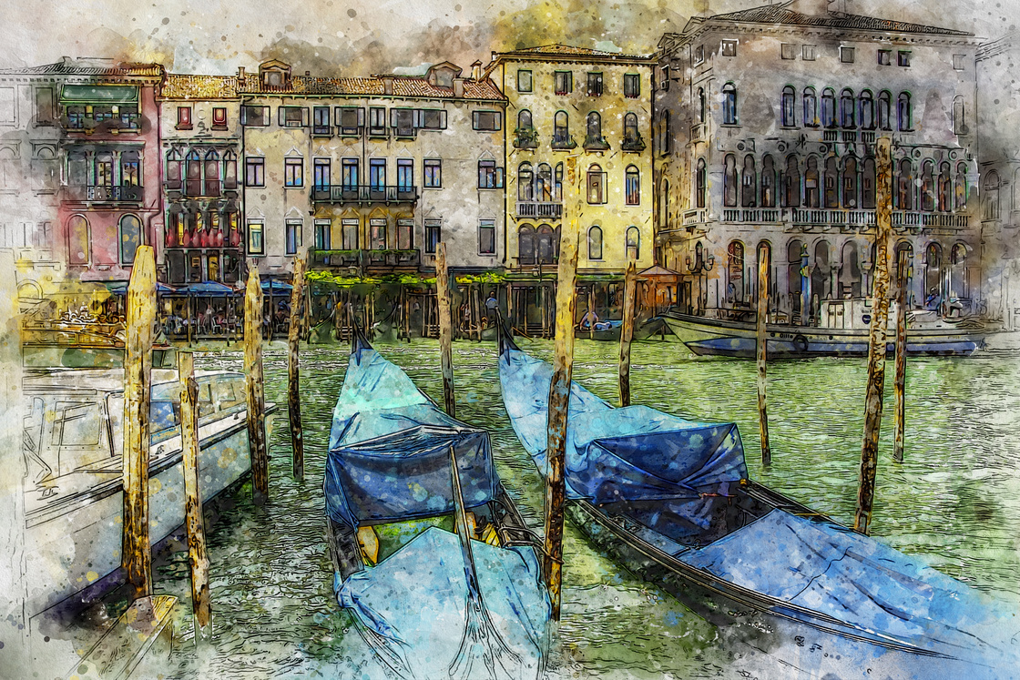 意大利威尼斯城市风光绘画高清图片