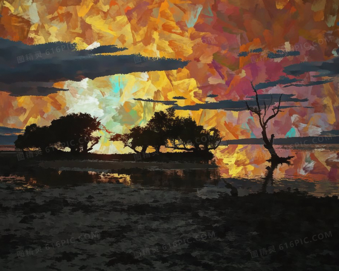 黄昏湖畔树木剪影抽象绘画高清图片