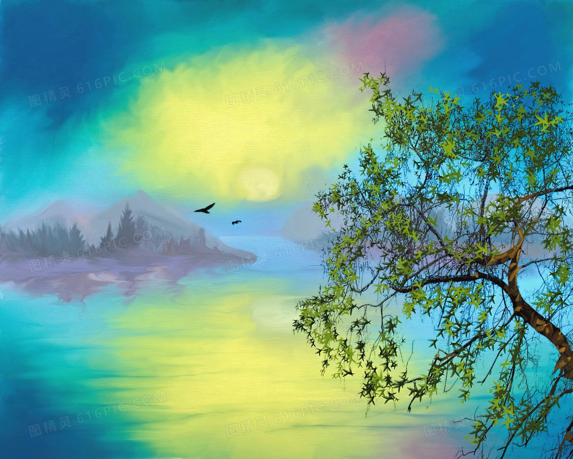 黄昏山峦湖泊风光绘画创意高清图片
