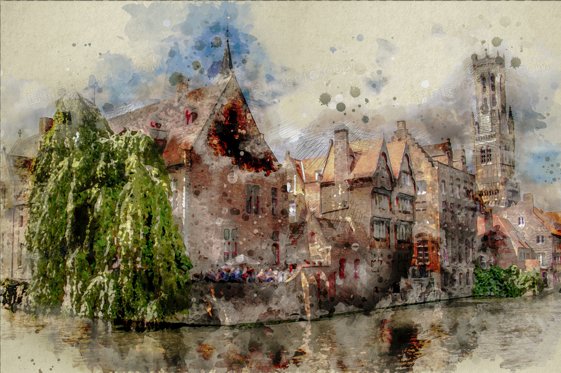水边的欧洲建筑物景观绘画高清图片