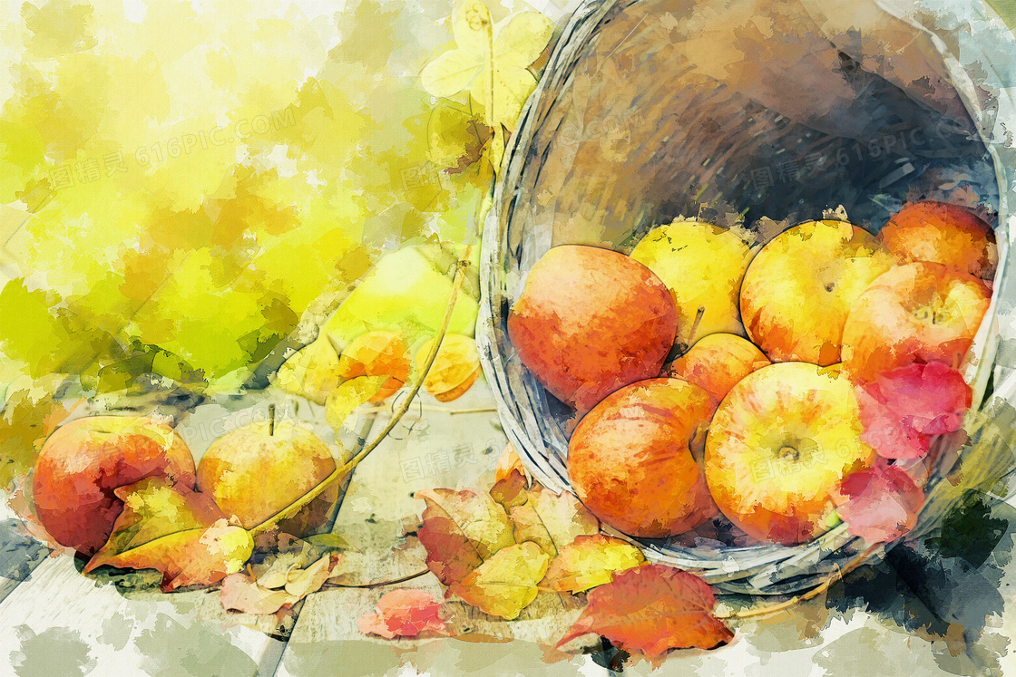 从筐里散落出来的苹果绘画高清图片