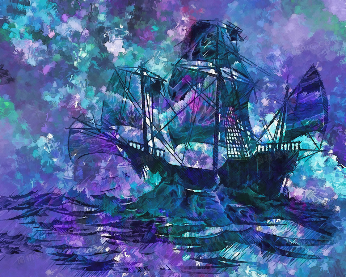 汹涌波涛上的帆船绘画创意高清图片