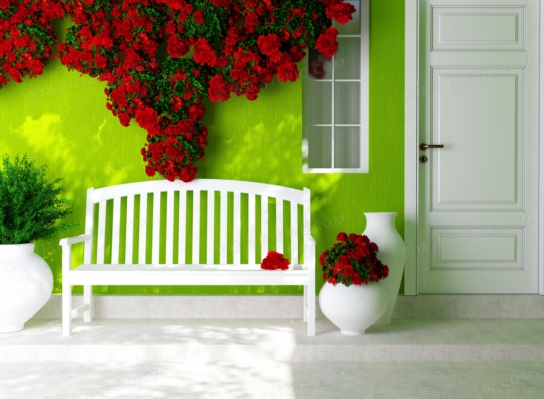 花瓶长椅与墙上的红色花藤高清图片