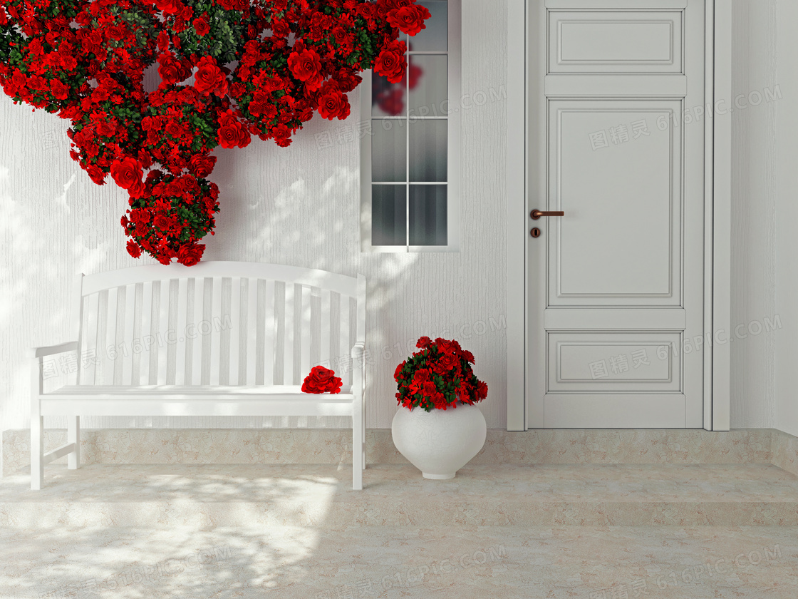 红色鲜花与白色的长椅渲染效果图片