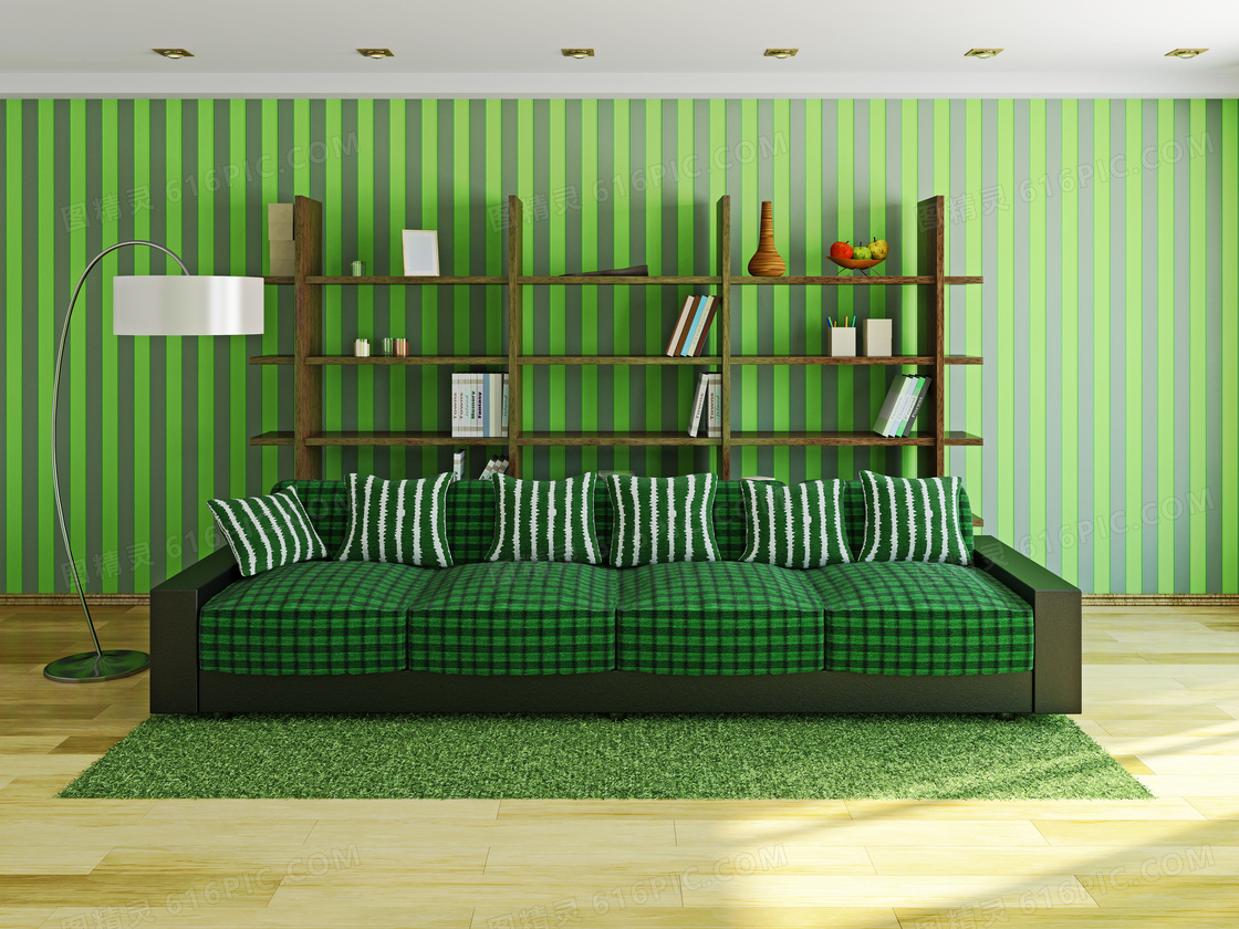 陈列架落地灯与绿色的沙发高清图片
