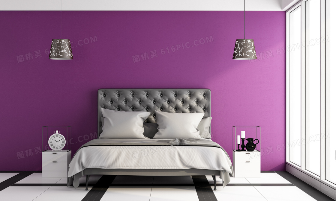 卧室房间的双人床渲染效果高清图片