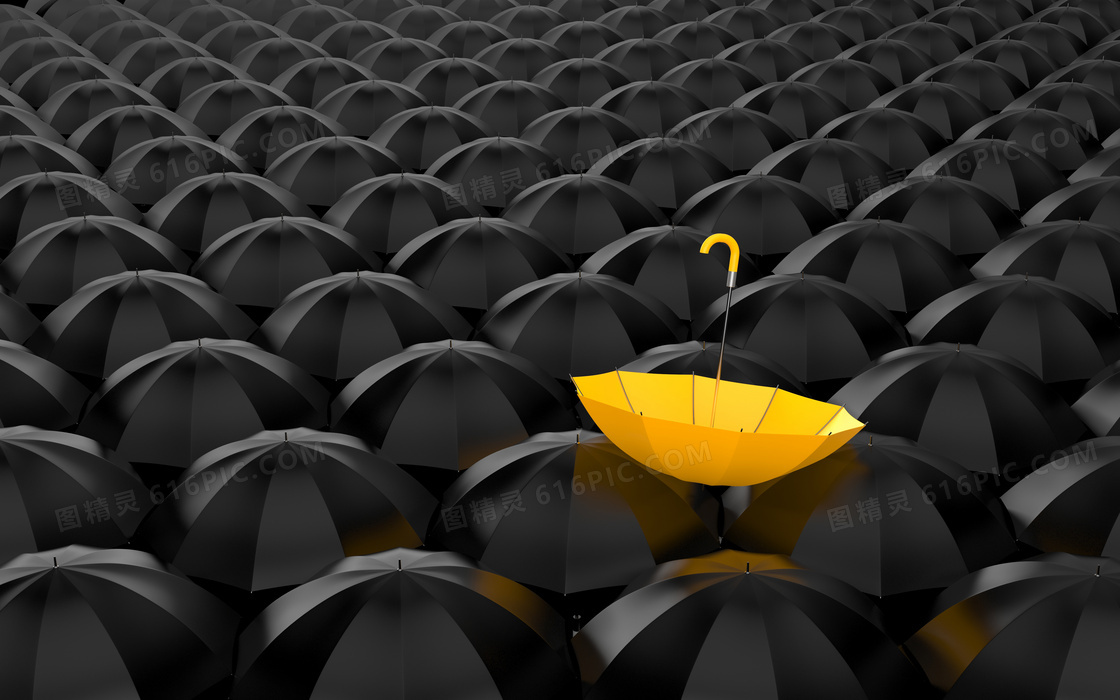 在黑伞堆中的黄色雨伞创意高清图片