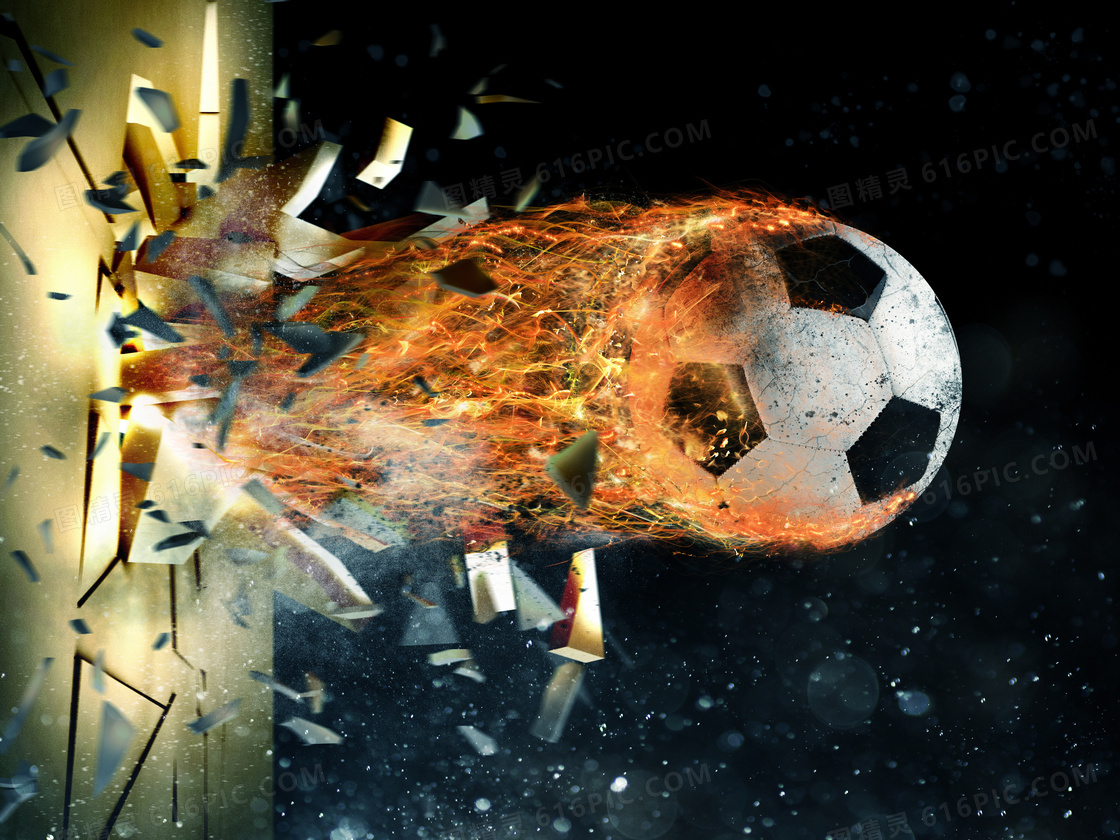 冲破了墙壁的火焰足球创意高清图片