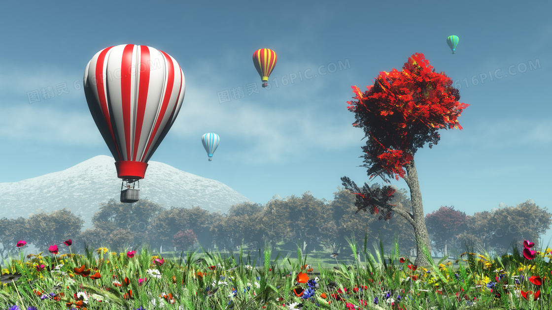 花草树木与空中的热气球等高清图片