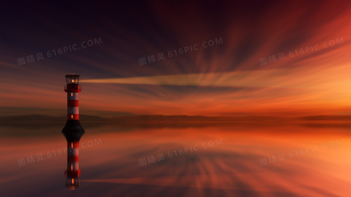 黄昏倒影在水面之上的灯塔高清图片