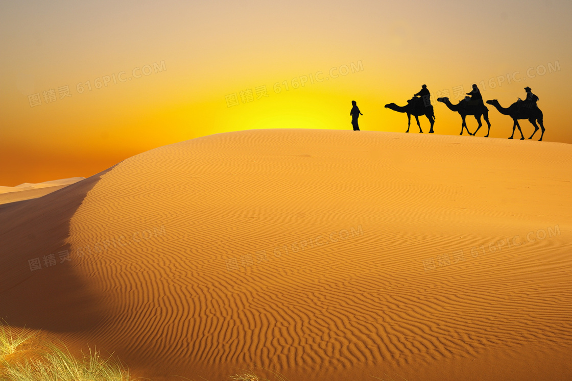 黄昏沙漠中骑着骆驼的人物高清图片