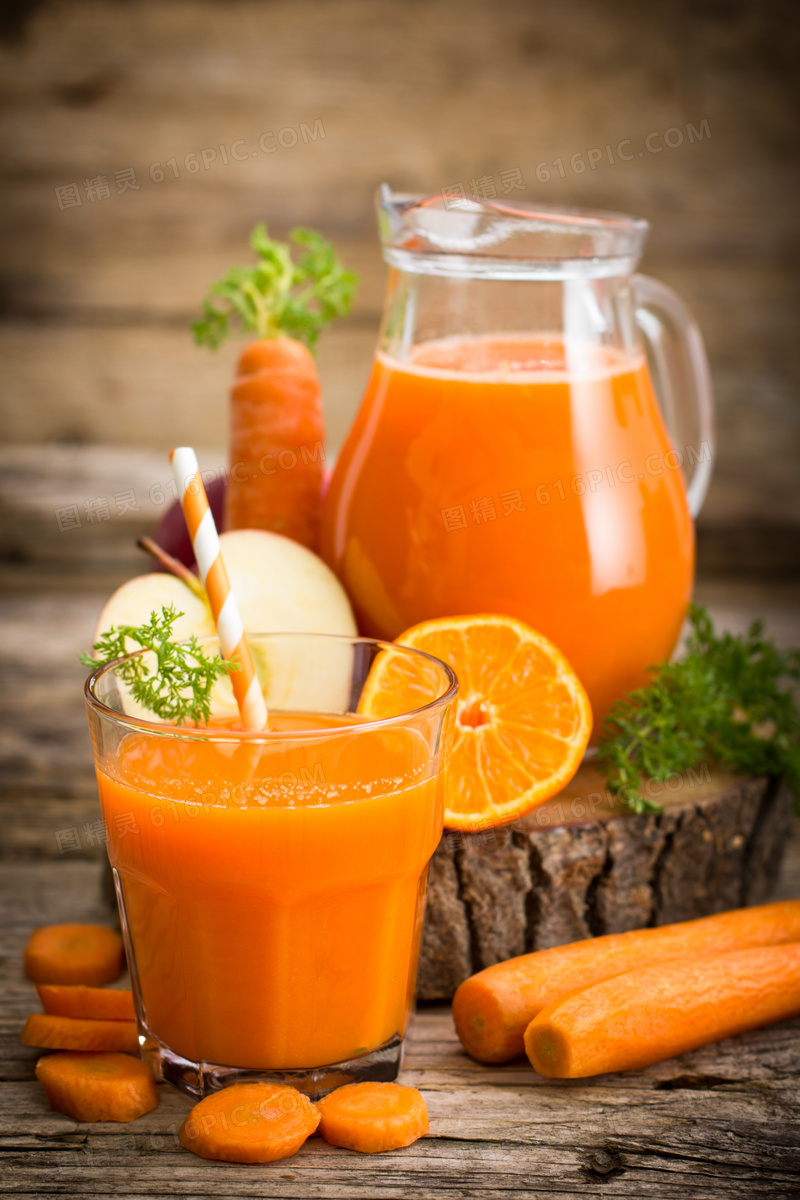 橙子汁与胡萝卜汁近景特写高清图片