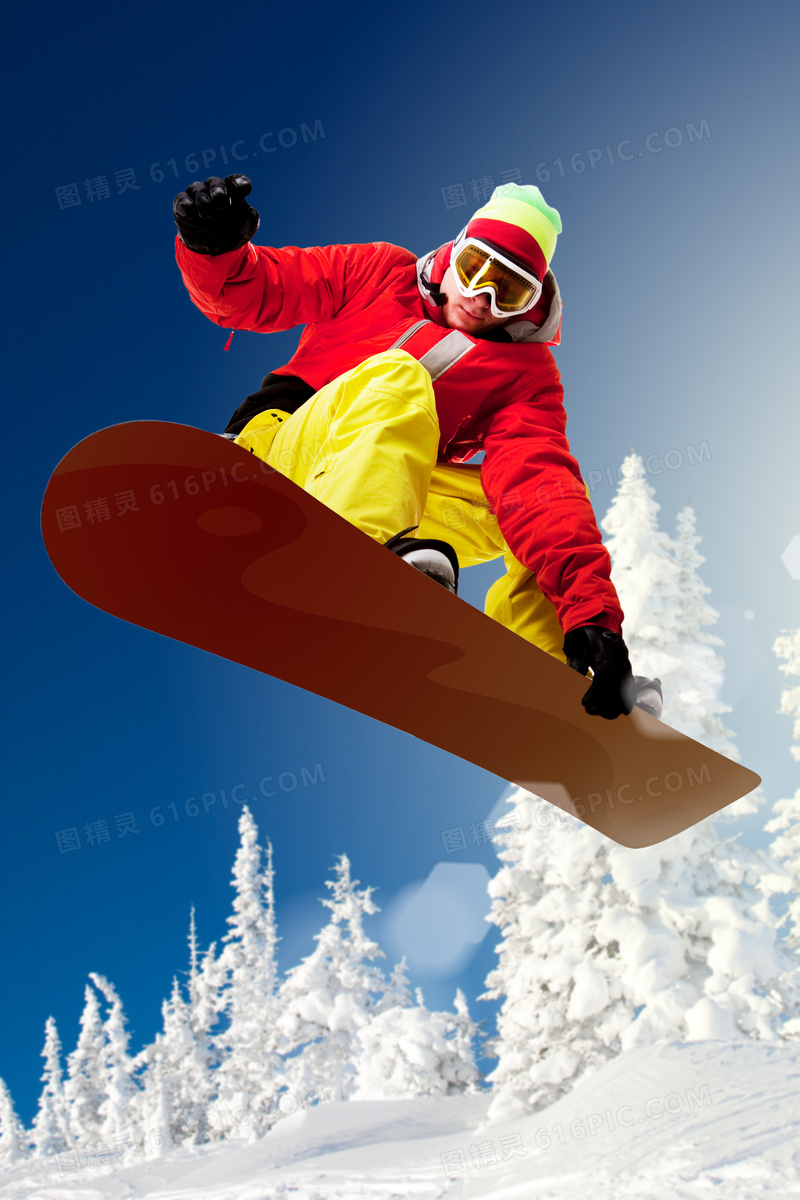 红黄衣着打扮滑雪人物摄影高清图片