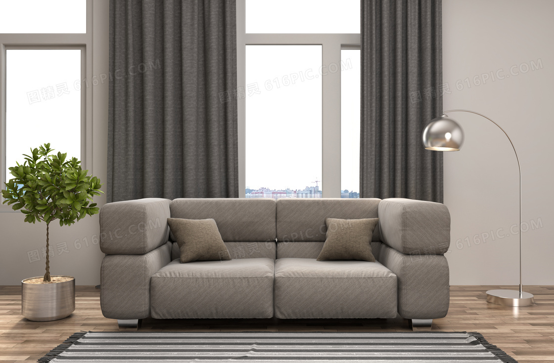 房间绿植沙发与深灰色窗帘高清图片