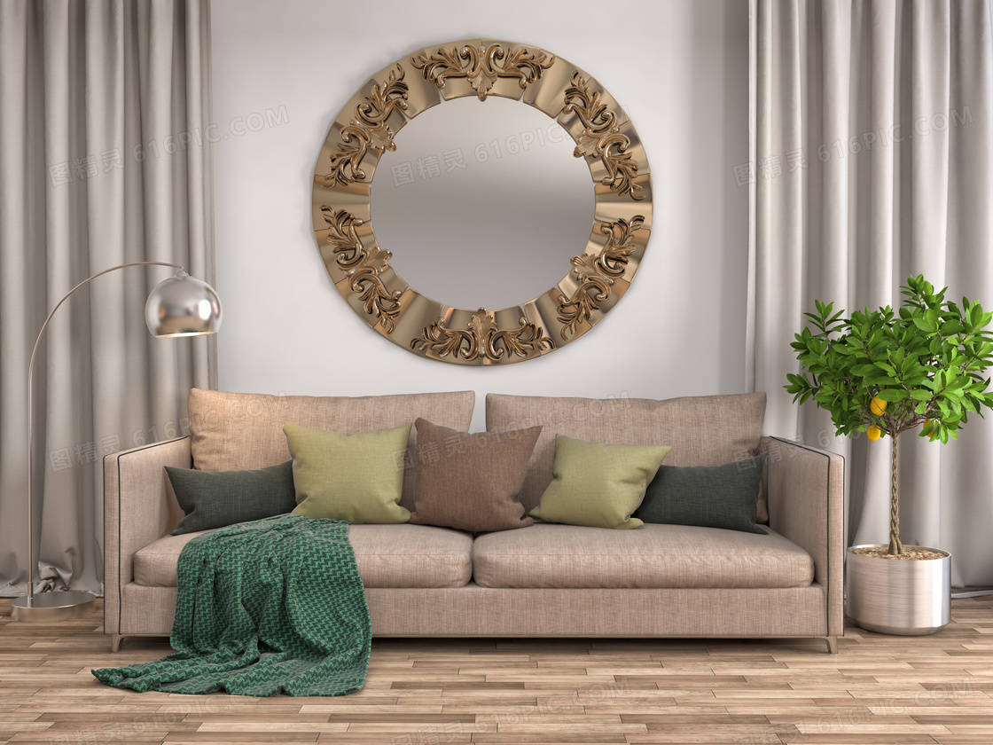 圆形挂件与沙发绿植等摆设高清图片