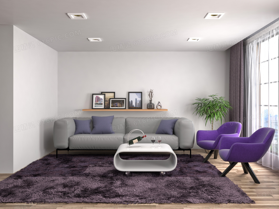 房间置物架与紫色沙发摄影高清图片