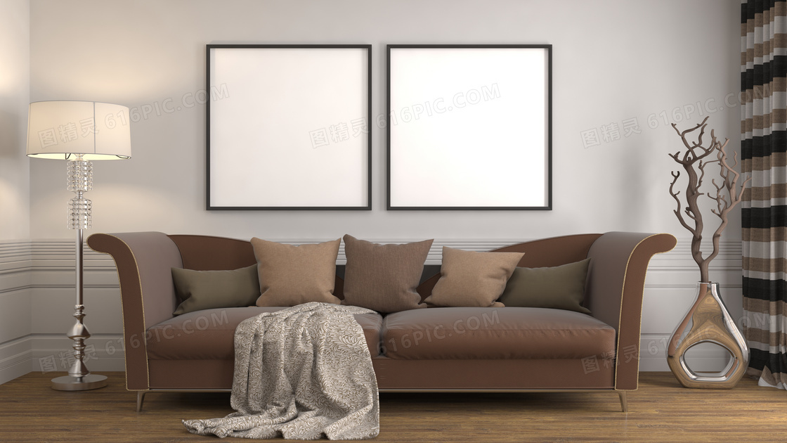 房间沙发抱枕与空白的挂饰高清图片